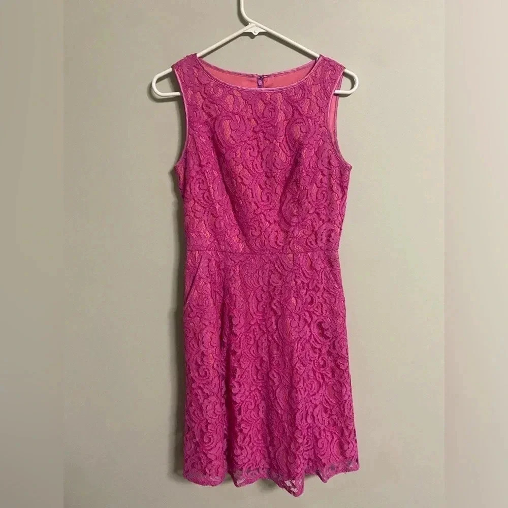 Adrianna Papell Party Dress Fuchsia Pink Lace A-line  Size 4 Cocktail Pockets
